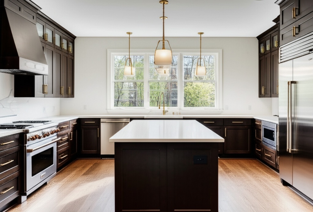 Luxurious modern kitchen remodel in Spring with white quartz countertops and gold hardware